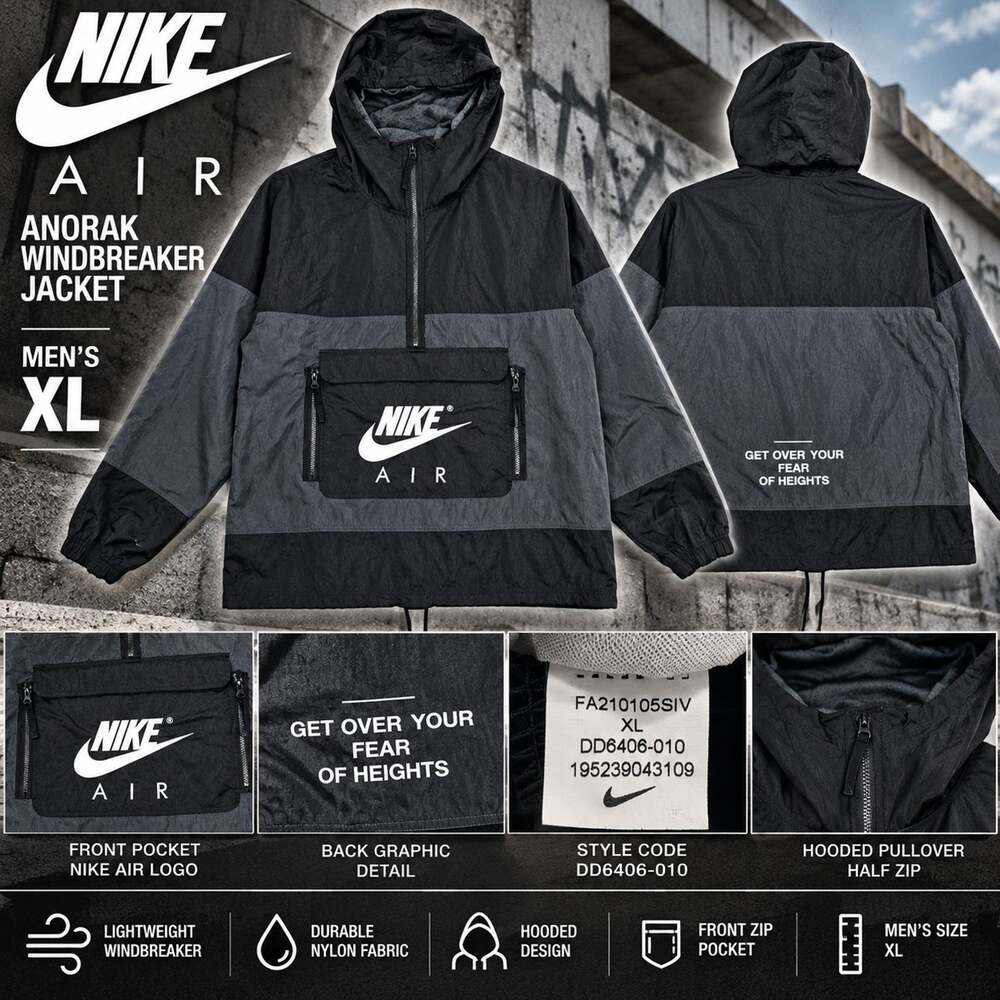 Nike Air Hooded 1/2 Zip Anorak Pullover Jacket Mens XL Gray Black Windbreaker